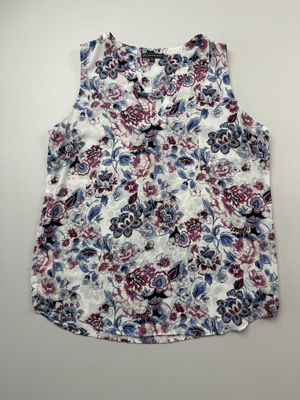 Adrianna Papell Blouse Womens M White Floral V Neck Sleeveless Lightweight Top